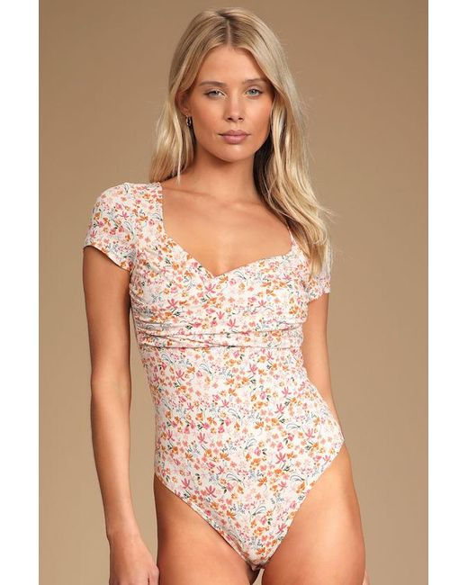 Lulus Brown Sweetest Nature Floral Print Short Sleeve Bodysuit