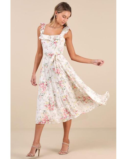 Lulus Natural Shela Floral Jacquard Tiered Midi Dress