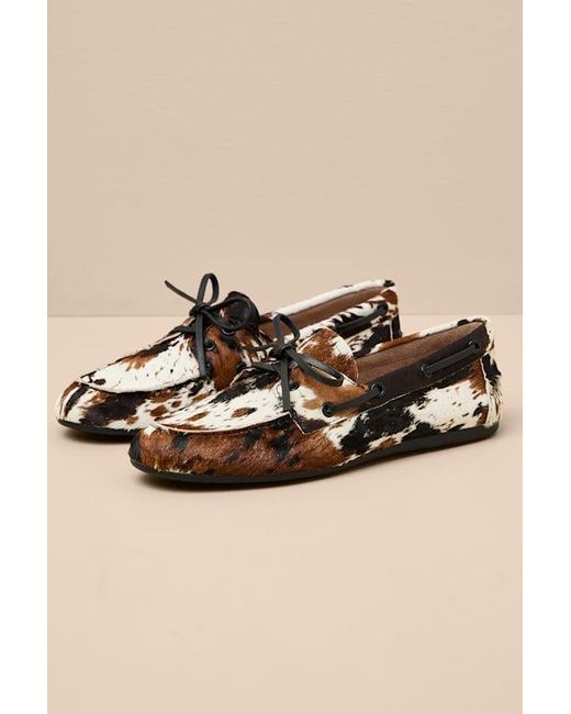 Steve Madden Natural Sag Cow Print Calf Hair Leather Lace-Up Loafers