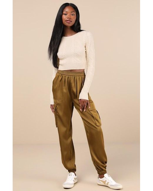Lulus Chic Dedication Satin High Rise Cargo Jogger Pants in Natural Lyst UK