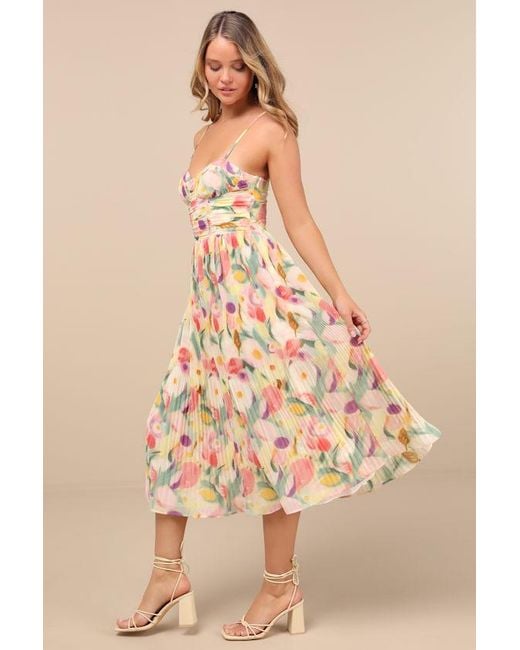 Lulus Yellow Aleyna Abstract Pleated Lace-Up Bustier Midi Dress