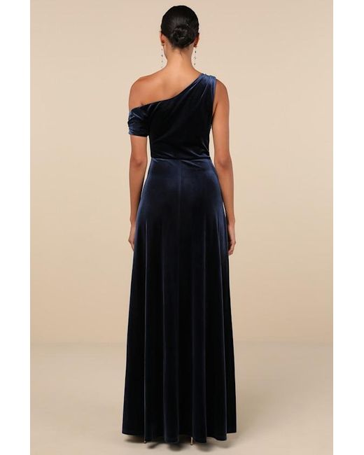 Lulus Blue Coveted Confidence Velvet Asymmetrical Maxi Dress