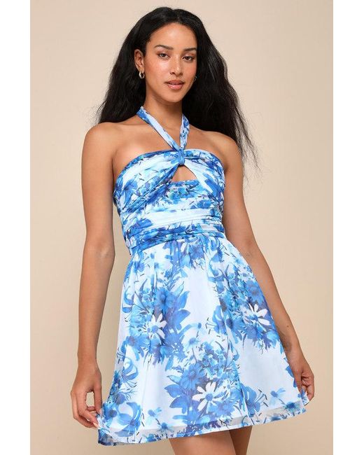 Lulus Blue Idyllic Aura Light Floral Chiffon Cutout Halter Mini Dress