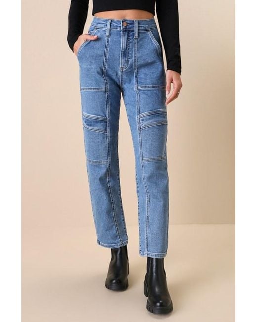 Lulus Blue Ready To Vibe Medium Wash High-Rise Straight Leg Cargo Jeans