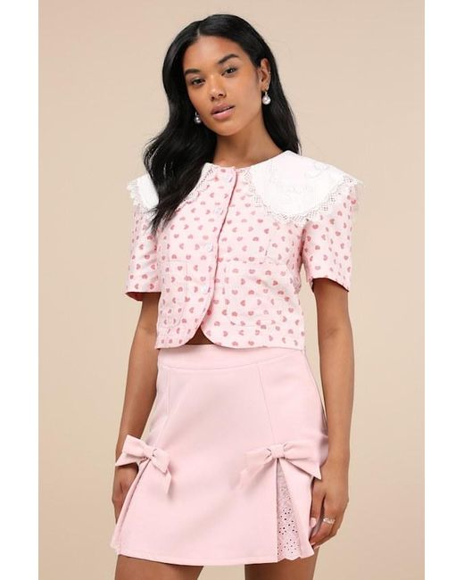 Sister Jane Pink Canter Heart Jacquard Lace Peter Pan Collar Cropped Top