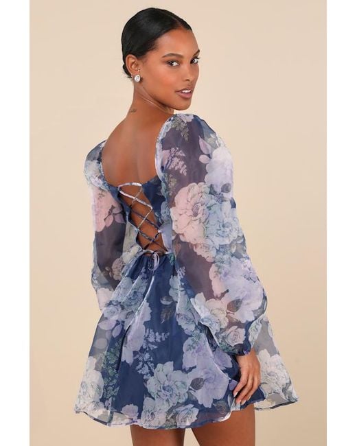 Lulus Blue Positively Enchanting Floral Organza Bustier Mini Dress