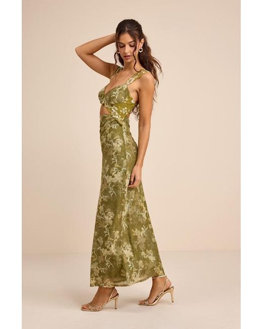 Lulus Women's Natural Endlessly Cute Floral Mesh Cutout Lace Bustier Maxi  Dress