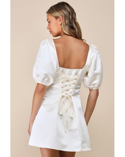 Lulus White Lovely Simplicity Satin Puff Sleeve Bow Mini Dress