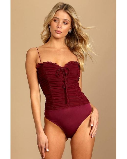 Lulus Purple Some Nights Lace-Up Ruched Sleeveless Bodysuit