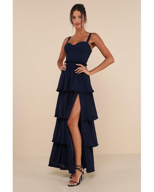 Lulus Blue Sophisticated Occasion Bustier Lace-Up Maxi Dress