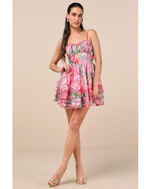 Lulus Evonne Abstract Floral Tiered Mini Skater Dress