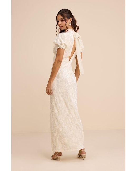 Lulus Natural Cadison Cream Textured Puff Sleeve Column Maxi Dress