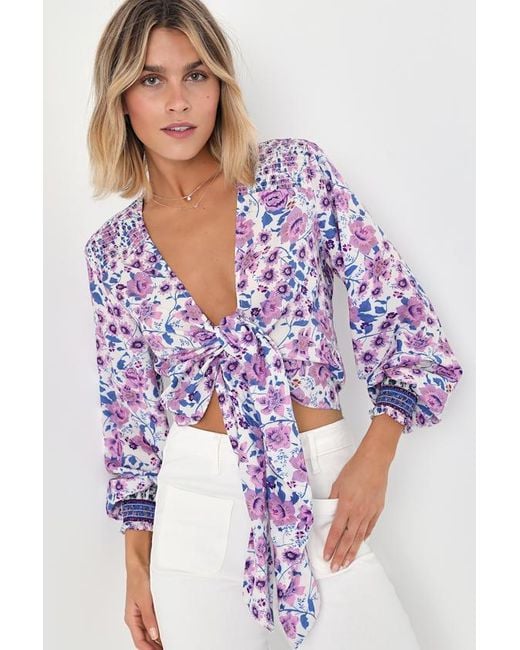 Lulus Purple Blooming With Style Floral Tie-Front Long Sleeve Crop Top