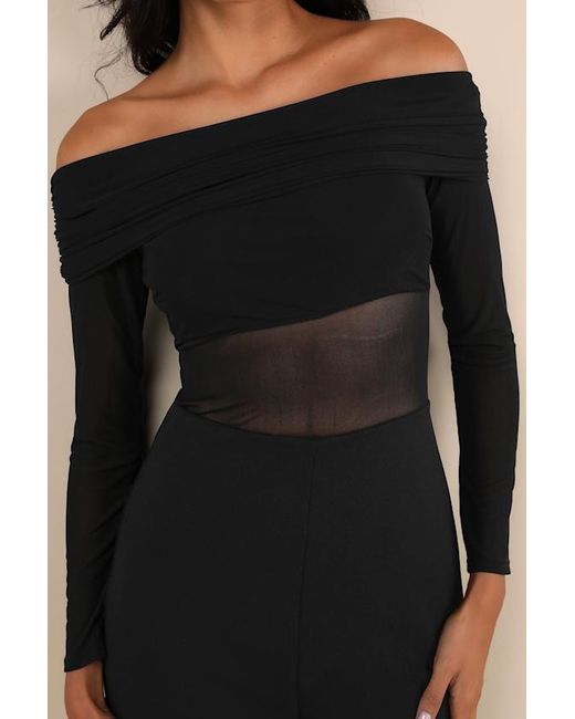 Lulus Blue Sultry Statement Mesh Ruched Off-The-Shoulder Jumpsuit