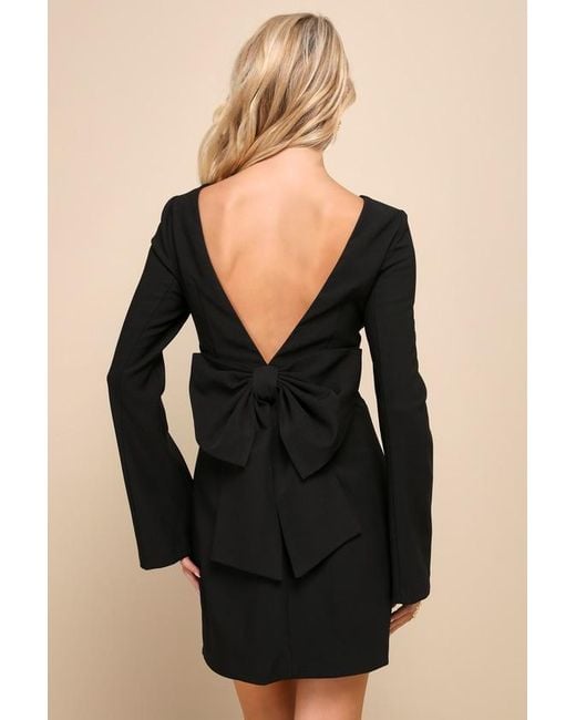 Lulus Black Elegant Cutie Bow Long Sleeve Backless Mini Dress
