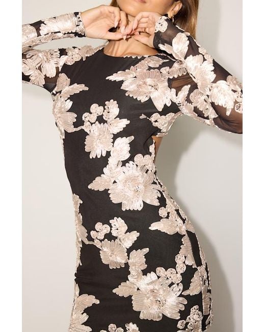Lulus Black Taylin Floral Applique Long Sleeve Backless Mini Dress