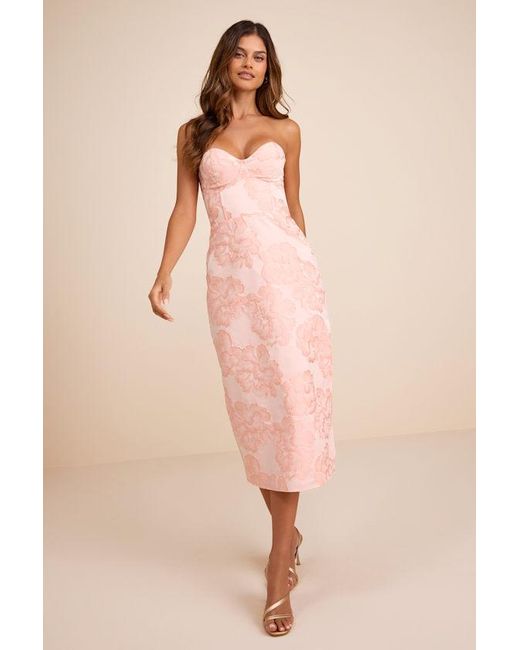 Lulus Pink Kandra Floral Jacquard Bustier Midi Dress