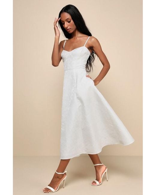Lulus Natural Meet For Tea Jacquard Bustier Midi Dress With Pockets