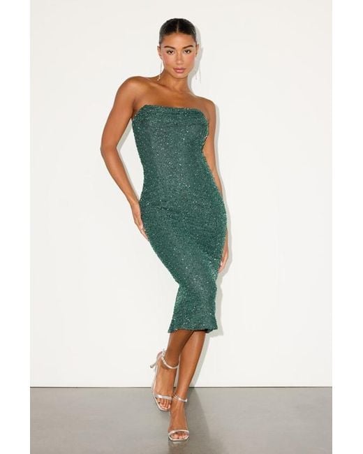 Lulus Green Catriona Emerald Beaded Cowl Neck Strapless Midi Dress