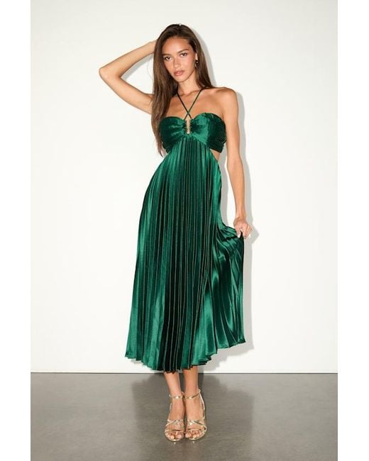 Lulus Green Aerin Emerald Satin Pleated Cutout Midi Dress