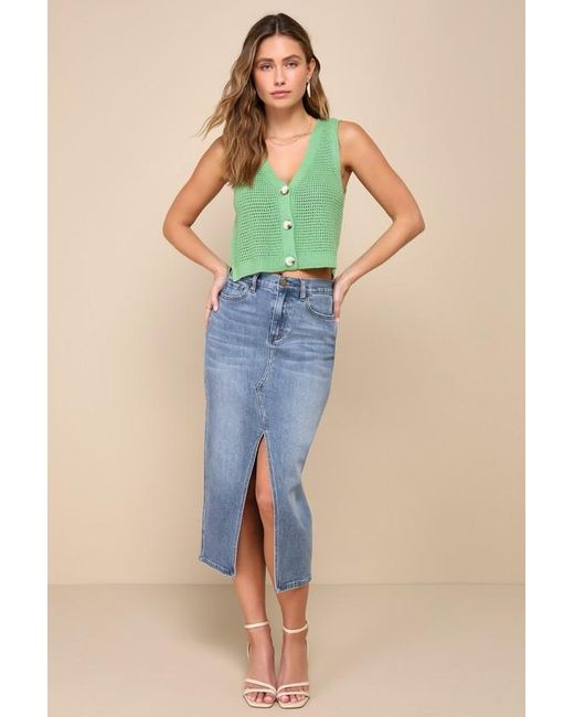 Lulus Green Aesthetic Ease Pierced Knit Button-Front Cropped Tank Top