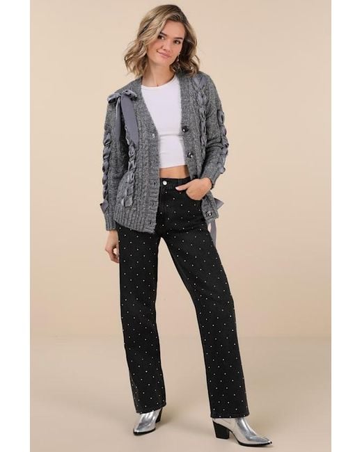 Moon River Gray Hesper Cable Knit Lace-Up Cardigan Sweater