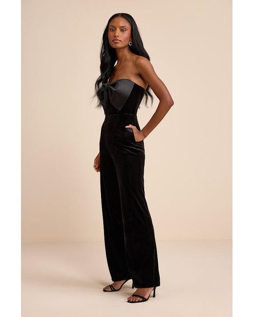 Lulus Natural Prudence Velvet Bow Straight Leg Jumpsuit