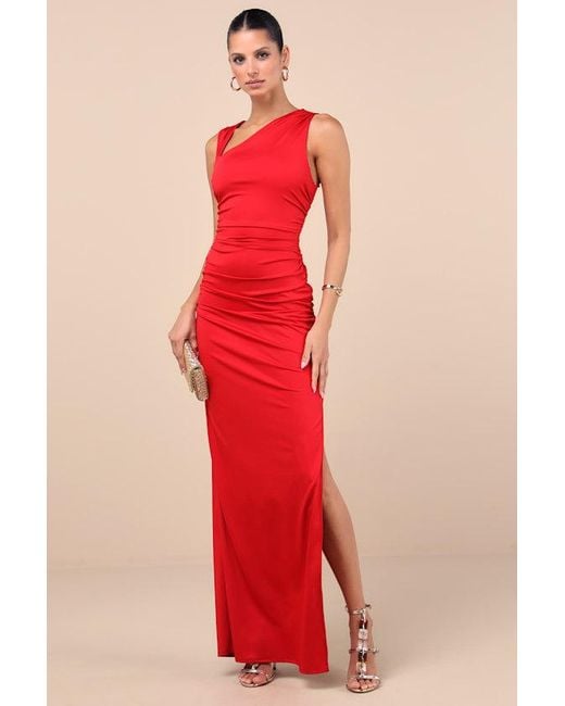 Lulus Red Enticing Darling Asymmetrical Ruched Maxi Dress