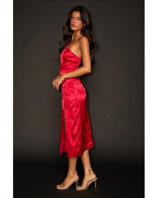 Lulus Red Desirable Dream Satin Jacquard Halter Neck Midi Dress