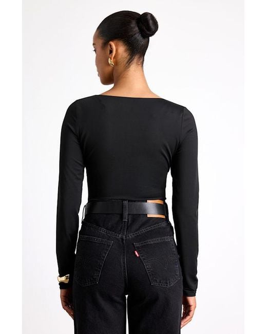 Lulus Black Naiari Slinky Knit Ruched Long Sleeve Bodysuit