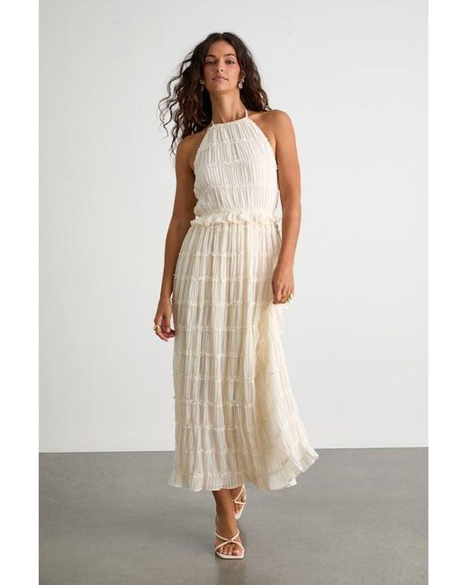 Lulus Natural Madriana Halter Neck Ruffed Midi Dress