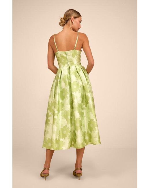 Lulus Yellow Vivinna Lime Floral Jacquard Pleated Midi Dress