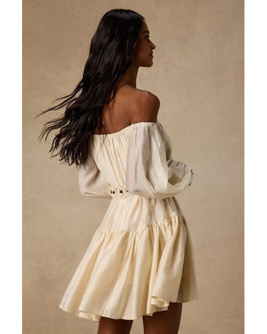 Lulus Natural Ainsley Cream Off-The-Shoulder Belted Mini Dress