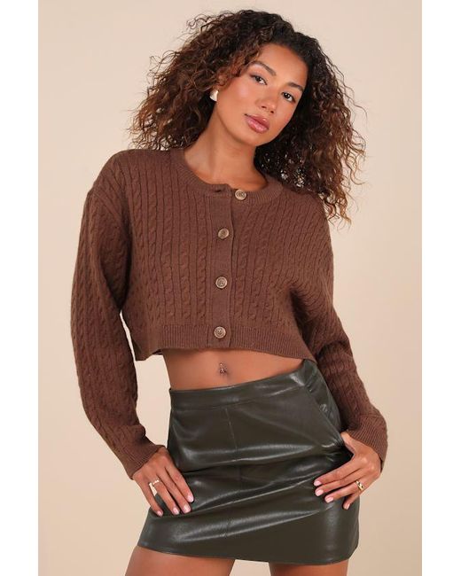 Astr Brown Sebille Cable Knit Cropped Cardigan Sweater