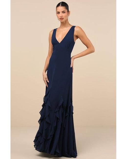 Lulus Women's Blue Alorna Dark Sleeveless Ruffled Maxi Dress