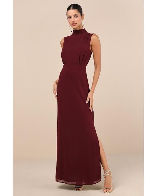 Lulus Red Classic Elegance Plum Chiffon Sleeveless Mock Neck Maxi Dress