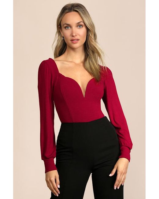 Lulus Red Flirting For Fun Ribbed Long Sleeve Bodysuit