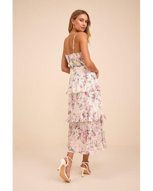 Lulus Natural Cascading Crush Floral Print Tiered Bustier Midi Dress