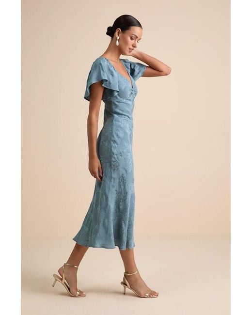 Lulus Blue Effervescent Afternoon Slate Satin Flutter Sleeve Midi Dress