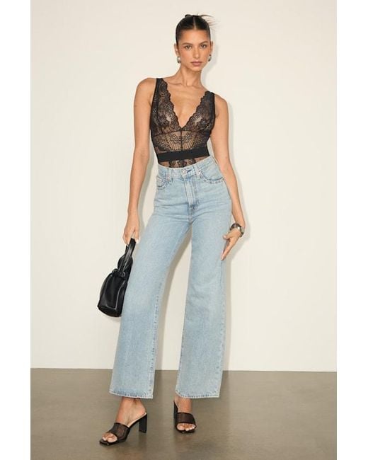 Lulus Black Caught Those Feelings Dotted Lace Sheer Bodysuit