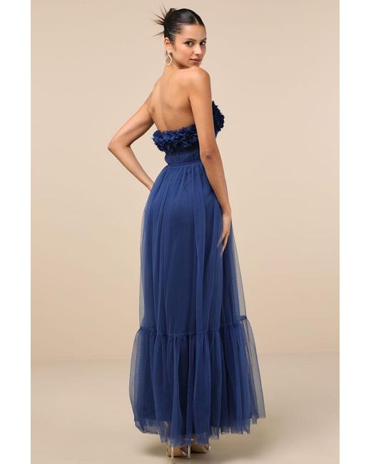 Lulus Blue Chic Spectacle 3D Applique Strapless Maxi Dress