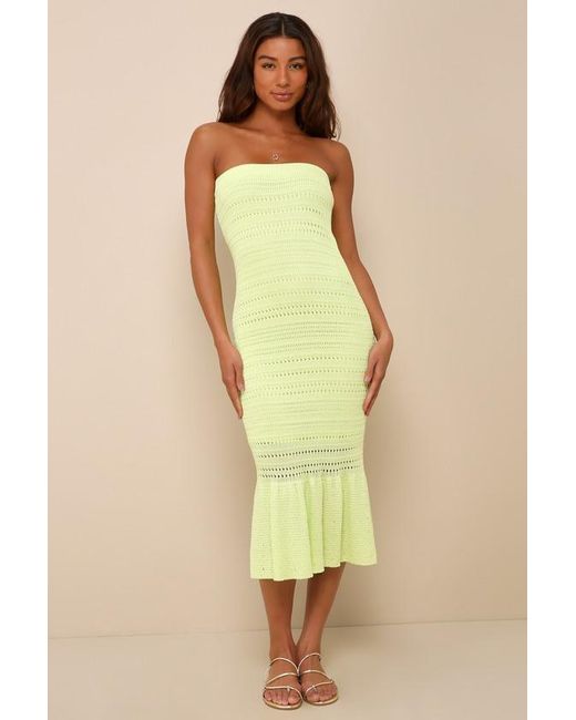 Lulus Green Palm Springs Sweetie Lime Knit Strapless Midi Dress