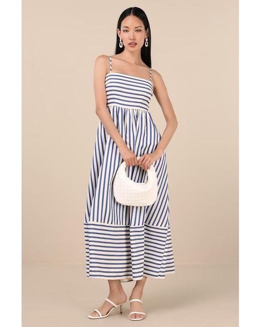 Lulus Blue Exceptionally Pristine And Cream Striped Cutout Midi Dress