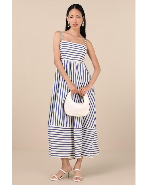 Lulus Blue Exceptionally Pristine And Cream Striped Cutout Midi Dress