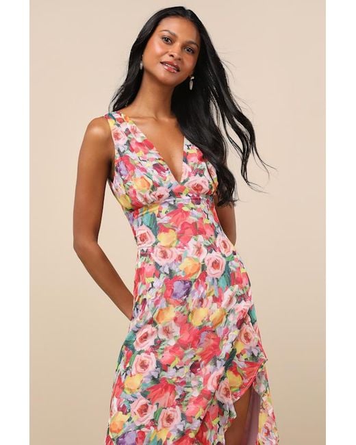 Lulus Pink Laraline Multi Floral Ruffled Cowl Back Maxi Dress