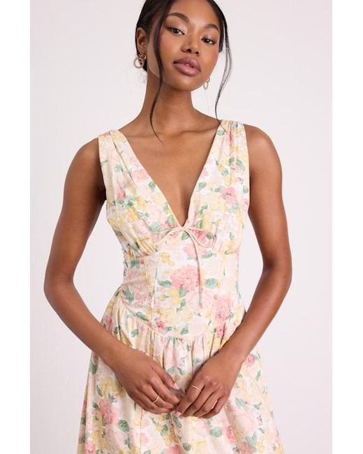 Lulus Natural Lettie Multi Floral Poplin Plunge Neck Midi Dress