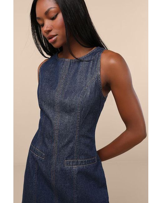 Lulus Blue Cataleya Dark Wash Denim Boat Neck Mini Dress