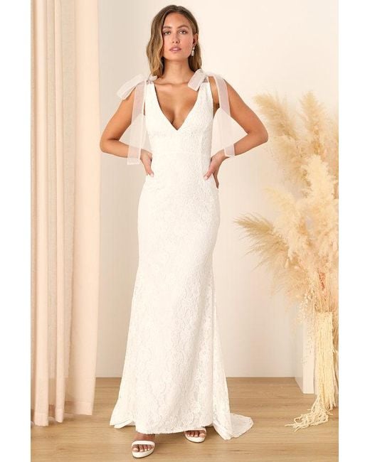 Lulus Natural Eternally Yours Lace Tie-Strap Mermaid Maxi Dress