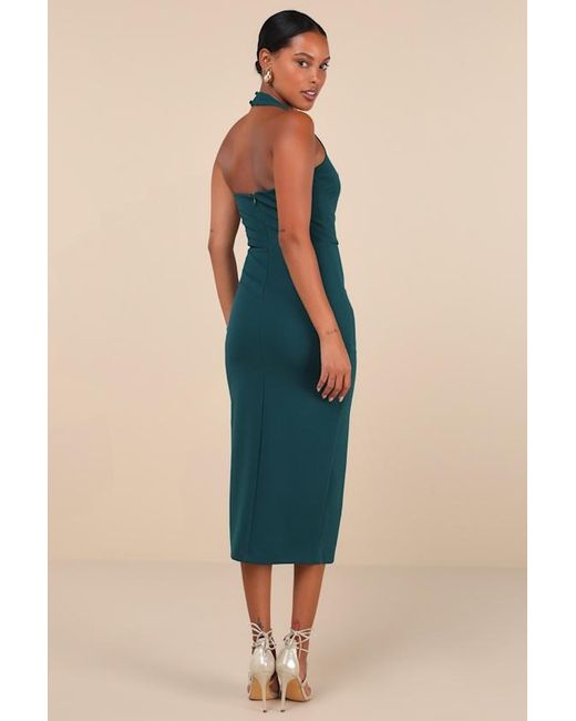 Lulus Blue Prominent Charm Emerald Halter Bodycon Tulip Midi Dress