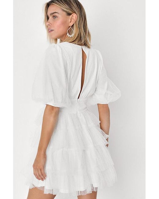 Lulus White Dramatic Poise Dot Tulle Puff Sleeve Tiered Mini Dress